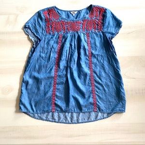 Crown&Ivy Chambray Embroidered Crew Neck Top